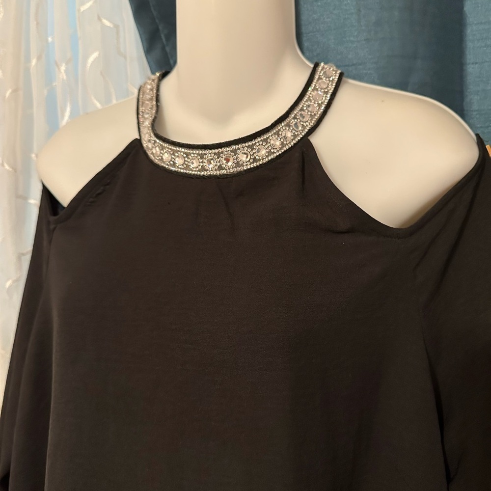 Elegant Black Long Sleeve Dress with Embellished Neckline